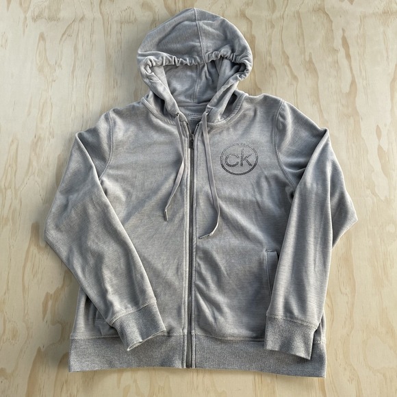 Calvin Klein Tops - Calvin Klein Hoodie Womens Large Gray Full Zip Fleece Rhinestone Logo Sweatshirt
